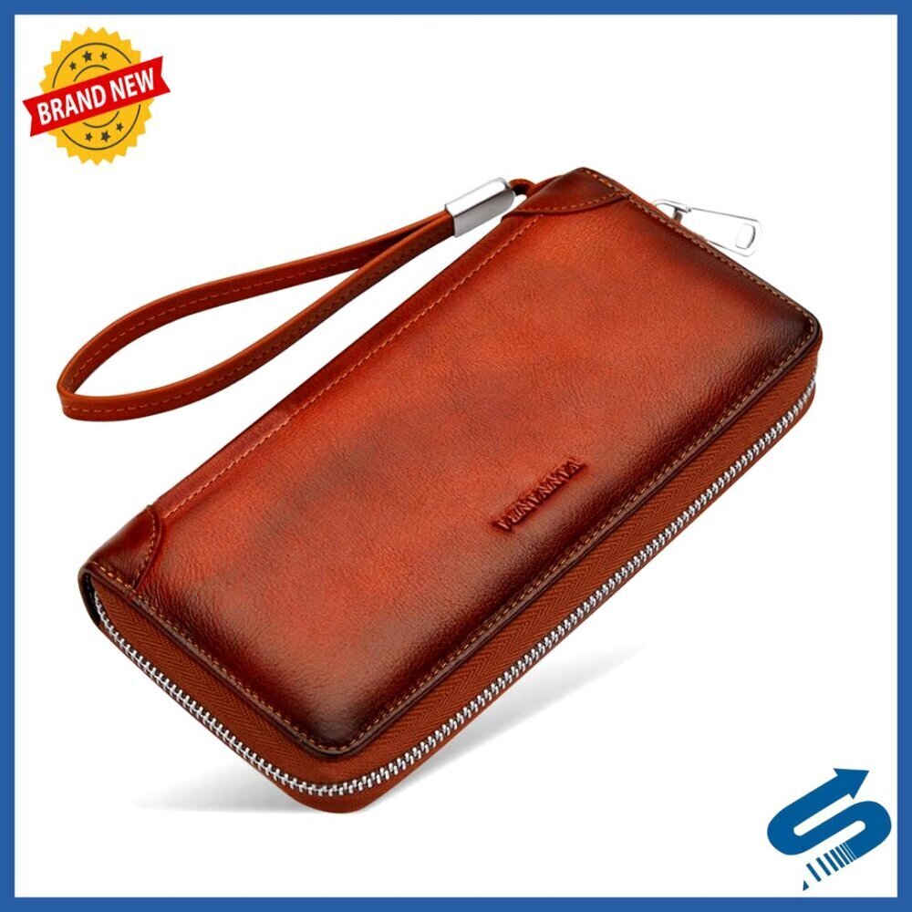 Leather RFID Blocking Wallet Large Capacity Credit Card Holder Detachable Strap